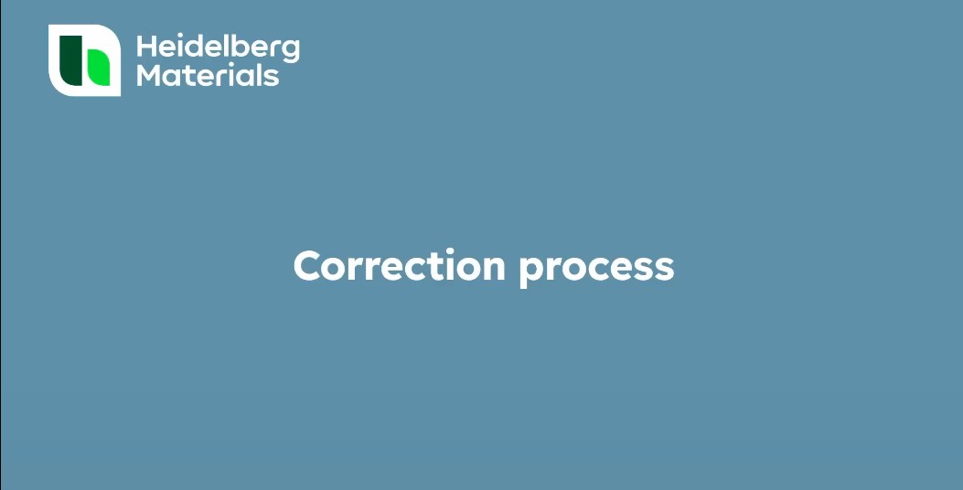 Correction process text on a blue background with Heidelberg Materials logo.