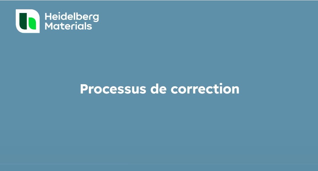 Text "Processus de correction" with Heidelberg Materials logo on a blue background.