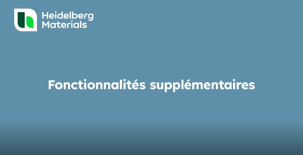 Heidelberg Materials logo and text "Fonctionnalités supplémentaires" on a blue background.