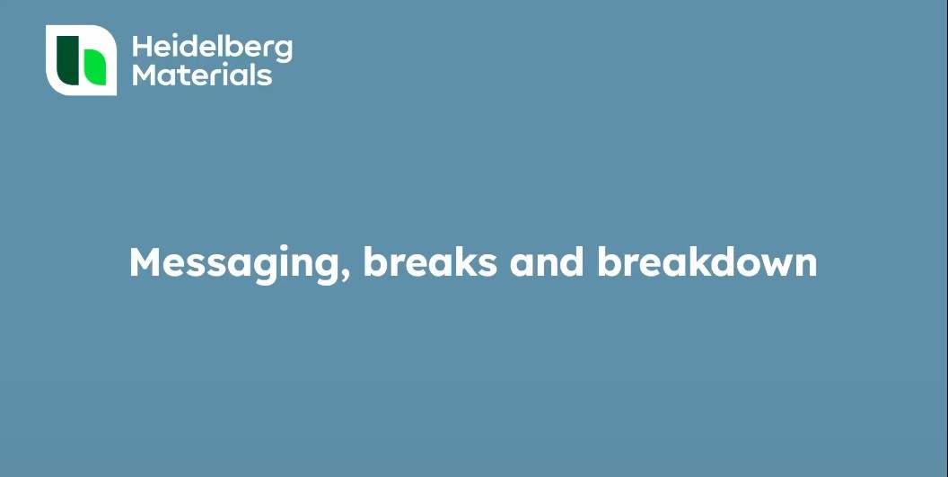 Slide with the text "Messaging, breaks and breakdown" on a blue background.